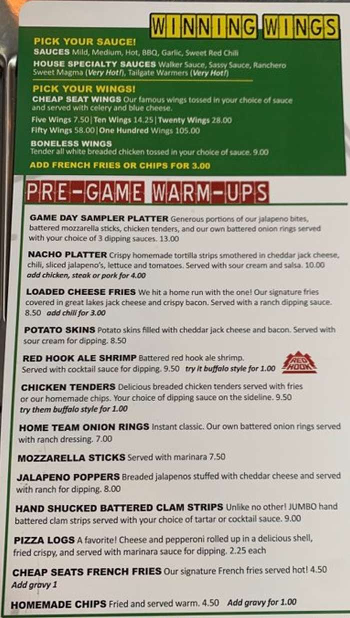 Page 1 of menu, Cheap Seats Sports Bar in Oswego, NY