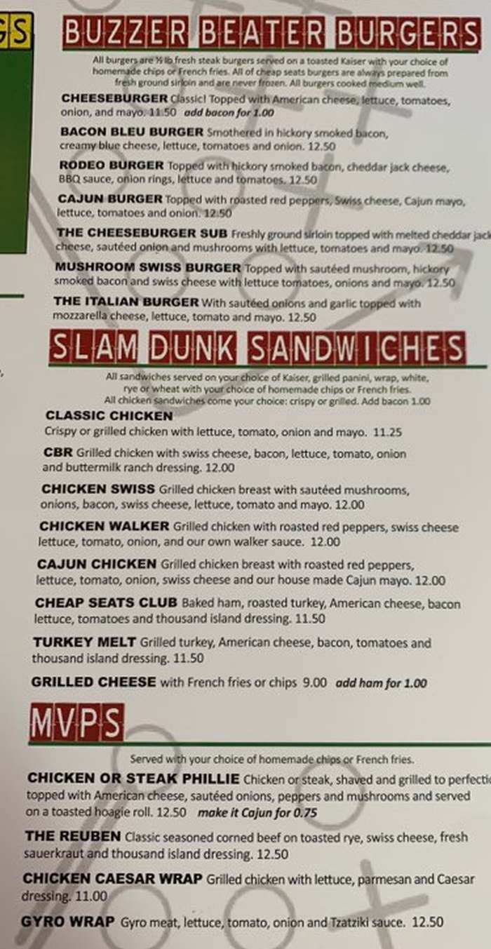 Page 2 of menu, Cheap Seats Sports Bar in Oswego, NY