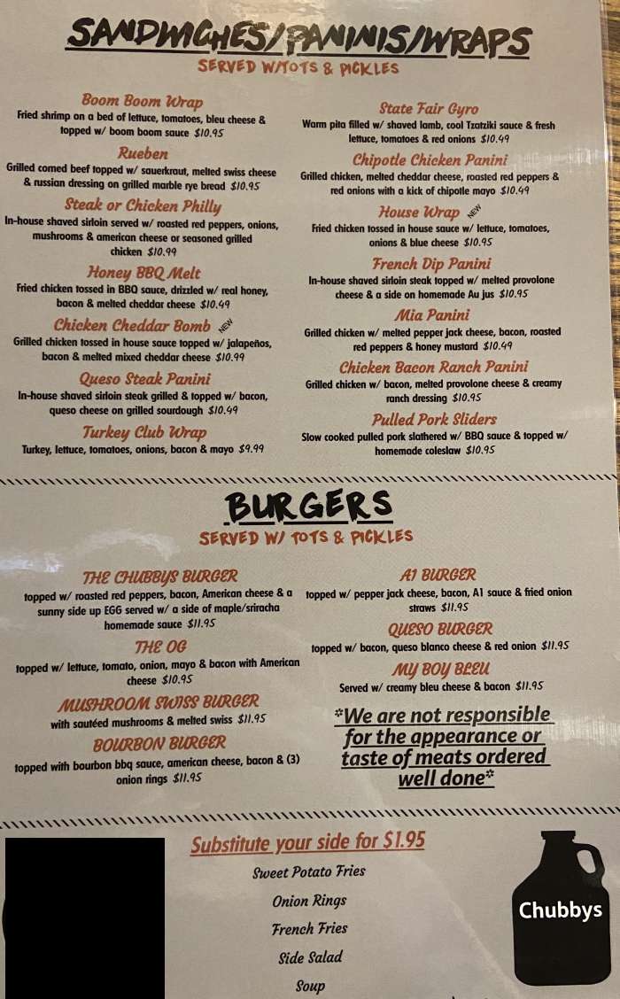 Page 2 of menu, Chubby's Sports Bar & Grill Fulton, NY