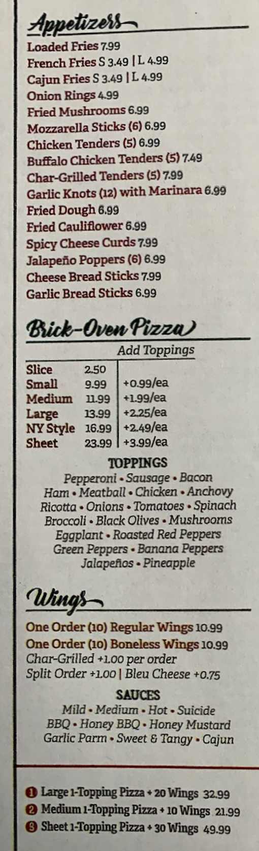 Page 1 of menu, Emeterio's Pizzeria Fulton, NY