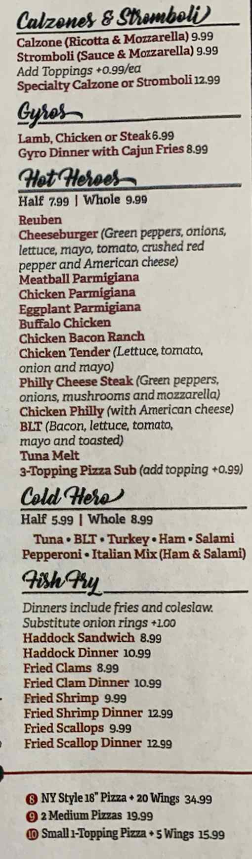 Page 3 of menu, Emeterio's Pizzeria Fulton, NY