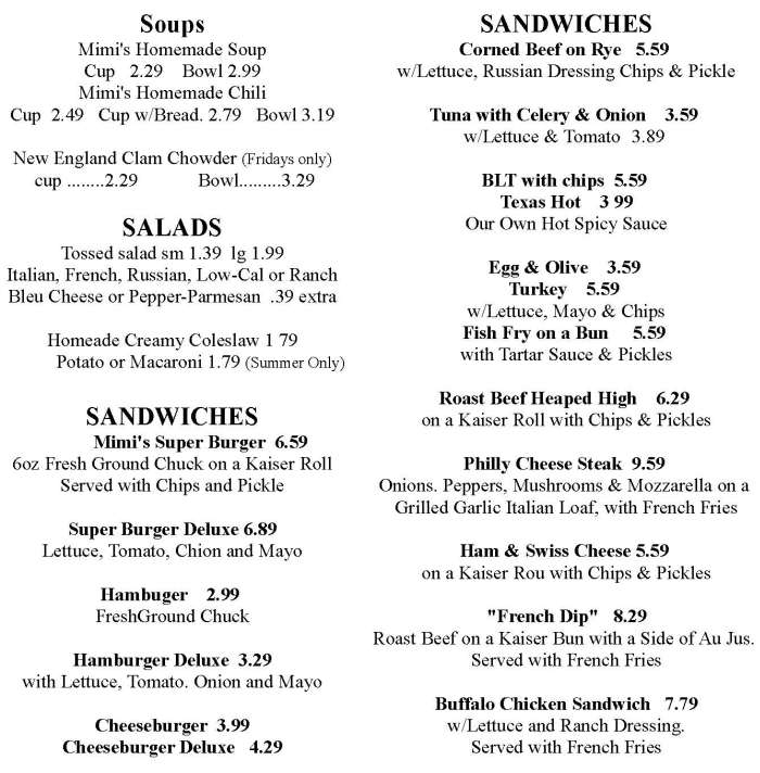 Page 2 of menu, Mimi's Drive-In Fulton, NY