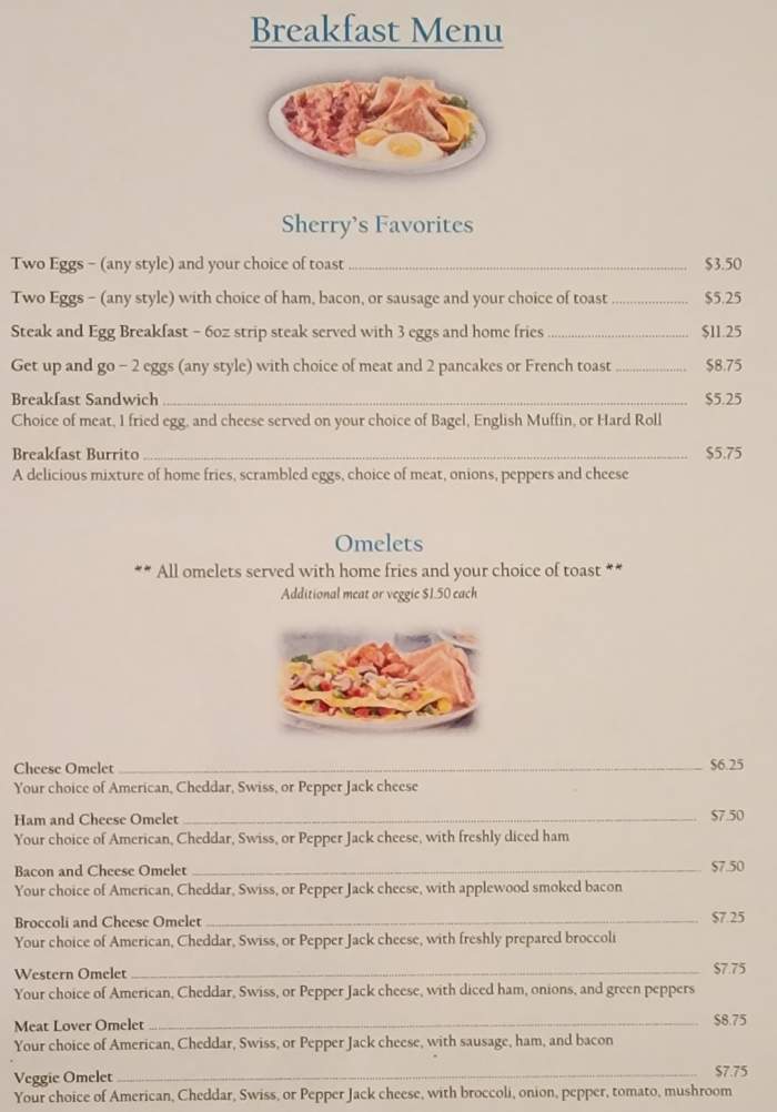 Page 1 of menu, Sherry’s Downtown Diner Oswego, NY