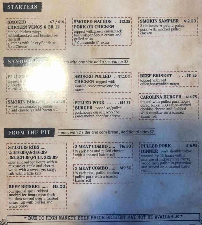 Page 1 of menu, Smokin' Embers BBQ Fulton, NY