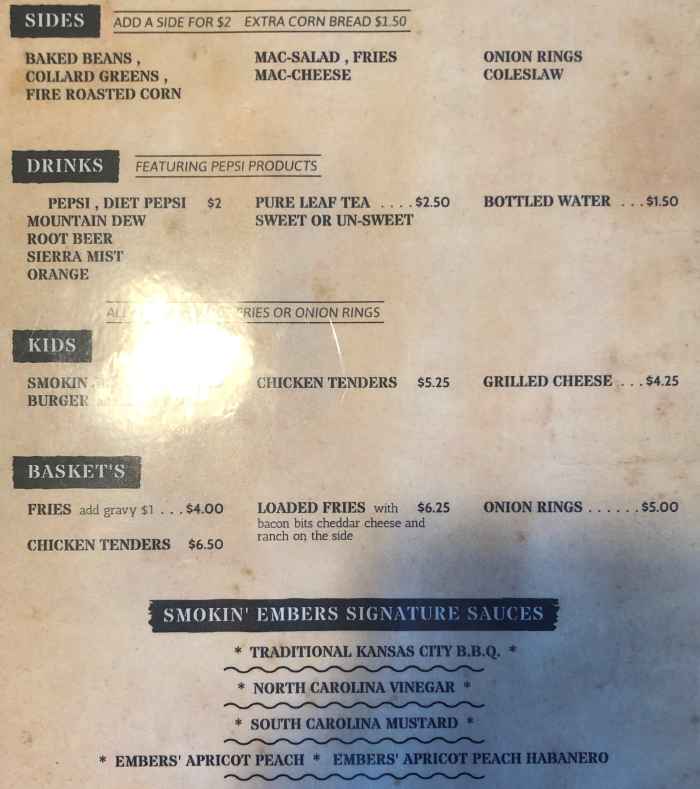 Page 2 of menu, Smokin' Embers BBQ Fulton, NY